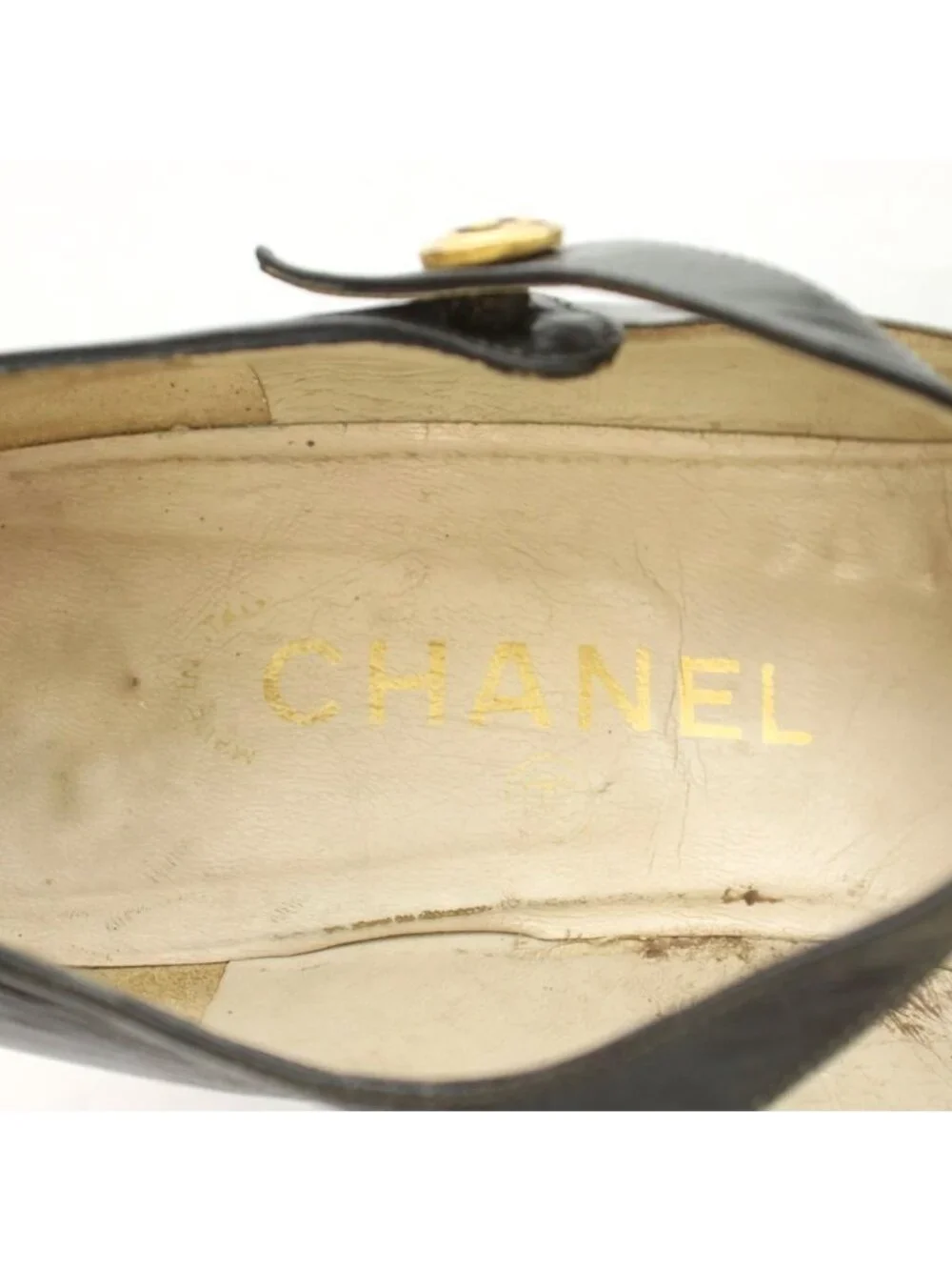 Chanel Strap Pumps Square Toe Chunky Heel Low Leather Bicolor CC Logo